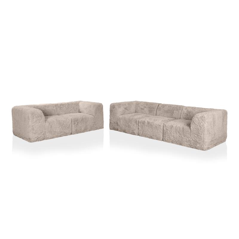 Furniture of America Ylena Modern 5-Piece Faux Fur Foam Modular Compressed Sofa and Loveseat Set