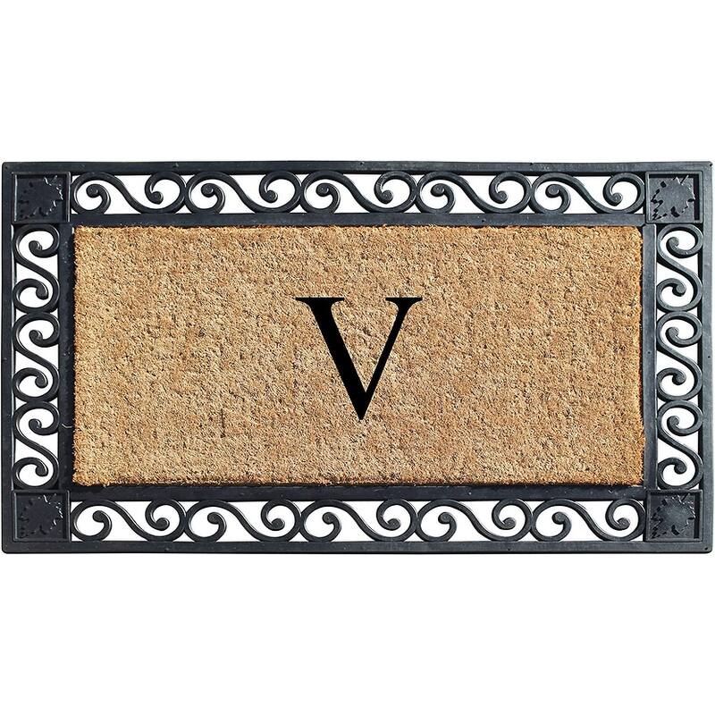 A1HC Rubber and Coir Maple Leaf, Heavy Weight Durable Monogrammed Doormat, 23"X38" Black - V