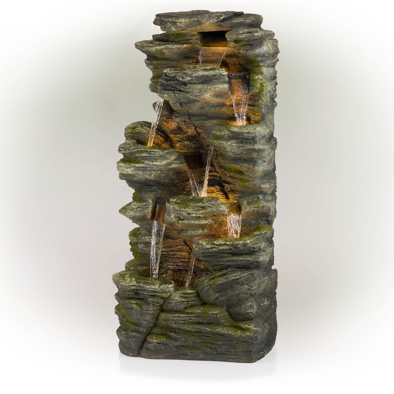 Alpine Corporation WIN1092 51" Brown Outdoor Floor Multitiered Rock Waterfall Fountain with LED Lights