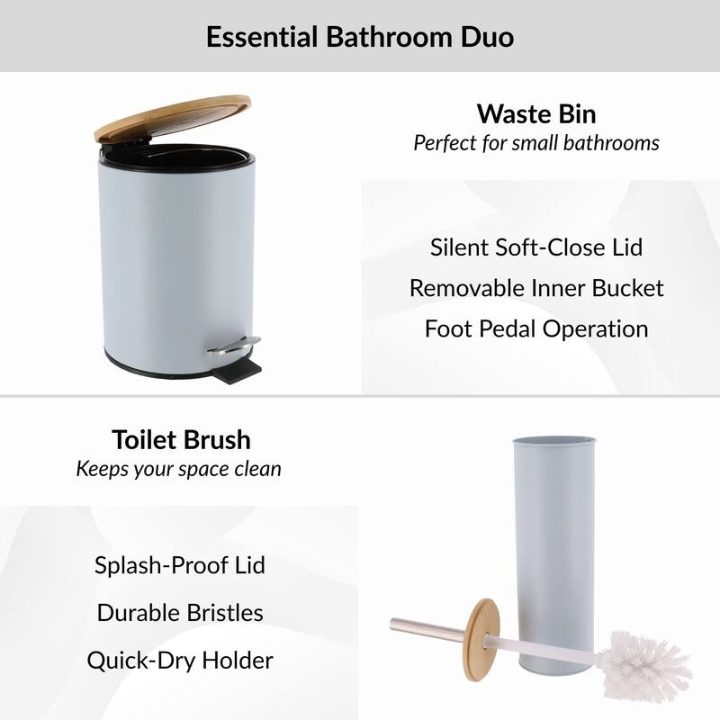 Bathroom Set with Bamboo Lid - Matte Metal Trash Can and Toilet Brush - 15.6" H x 11" L x 11" W
