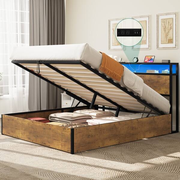 Lift Up Storage Bed LED Platform Bed with Hydraulic Storage System USB
