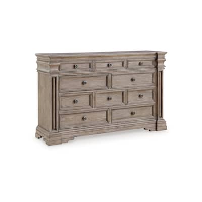 Blaie Wide Dresser, 10 Drawer, 68 Inch Taupe Brown Solid Hardwood