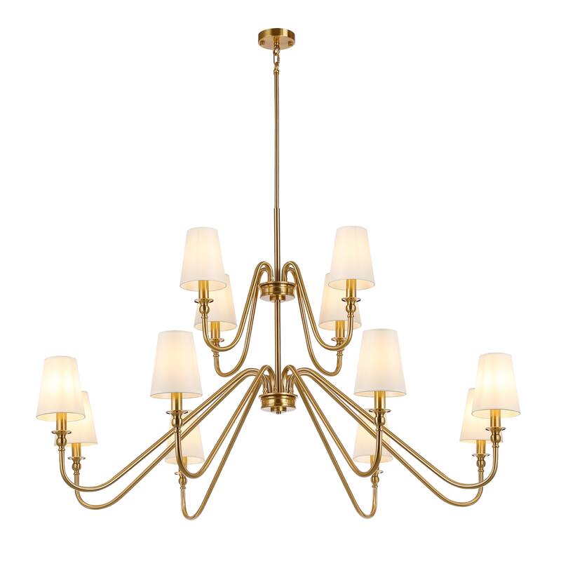Bella 12-Light 2- Tier Classic Modern Black & Gold Finish Chandelier With Beige Fabric Stay-Straight Shades