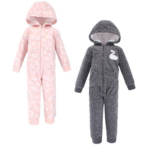slide 1 of 1, Hudson Baby Toddler Girl Fleece Jumpsuits, Coveralls, and Playsuits 2pk, Swan 2T - Grey/Pink