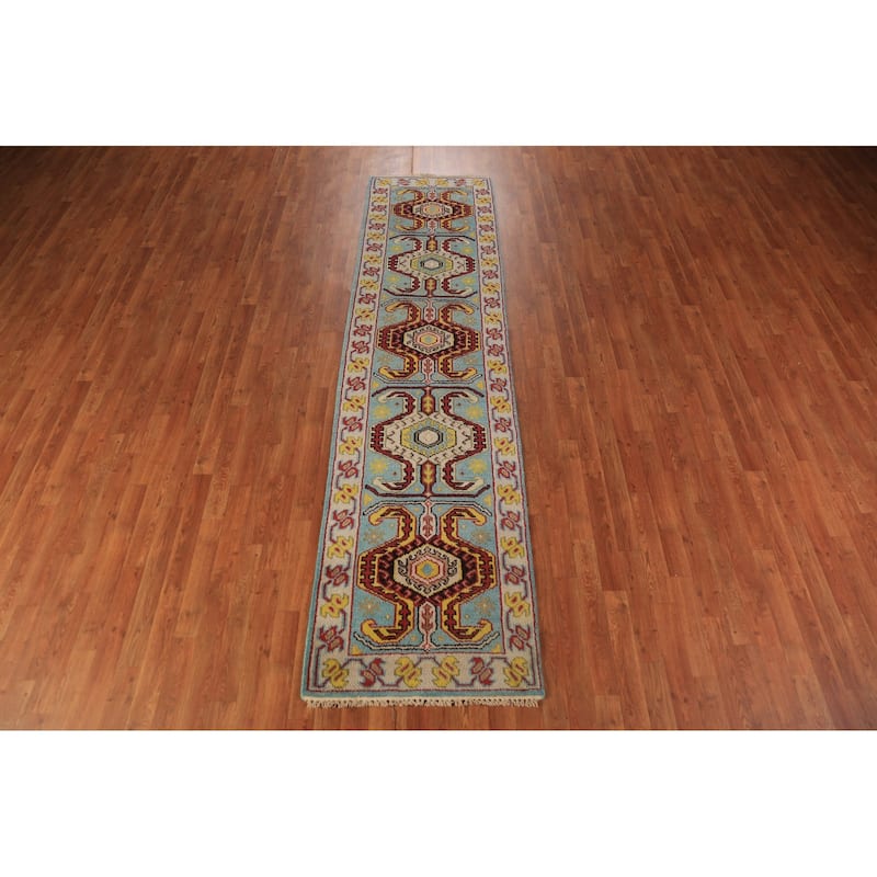 Light Blue Geometric Kazak Indian Runner Rug Handmade Wool Carpet - 2'6"x 9'11"