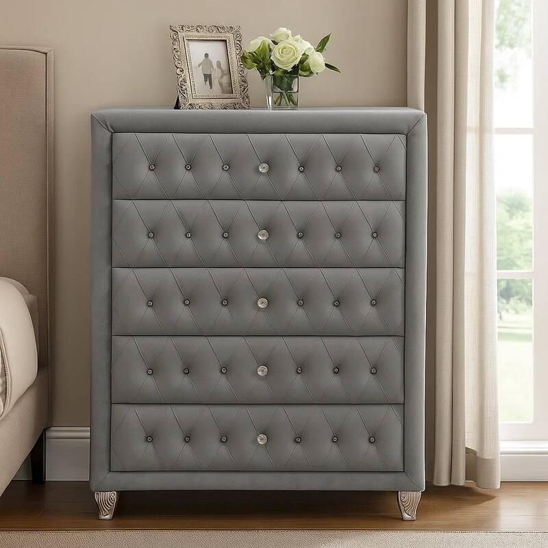 Rea Tall Dresser Chest, 5 Drawers with Crystal Knobs, Gray Velvet Upholstery