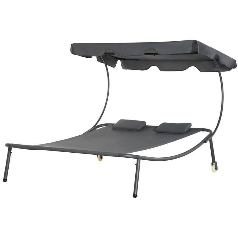 Double Chaise Lounge, Outdoor Daybed, Adjustable Canopy, Wheels,Pillow