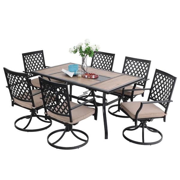 Phi Villa Outdoor Patio Dining Set 7 Pieces Metal Furniture Set 6 Swivel Chairs With 1 Rectangular Umbrella Wood Like Table Overstock 32063398
