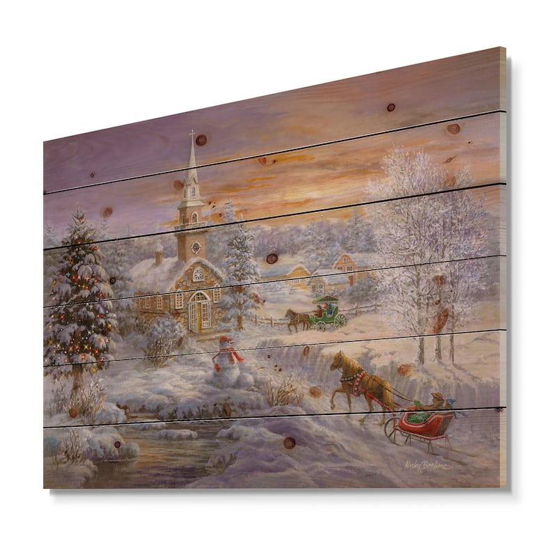Designart 'Holiday Worship winter scene with sleigh and church' Print on Natural Pine Wood - Orange