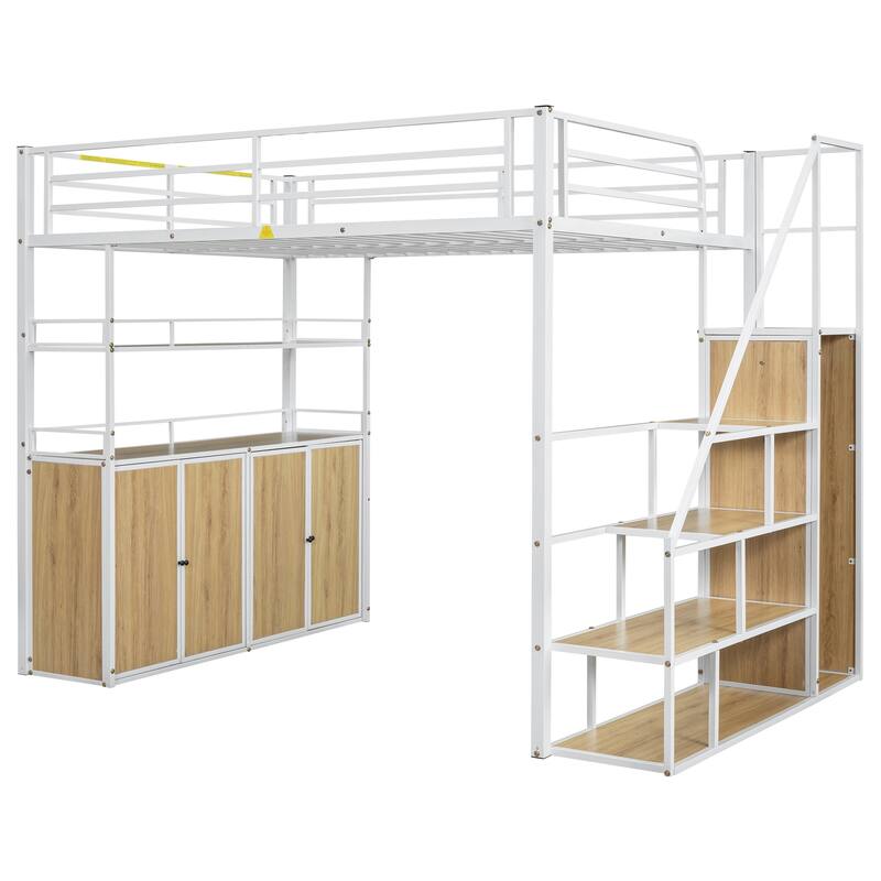Full Size Metal Loft Bed with Storage Staircase, Wardrobe, Shelves, and Lockers in White