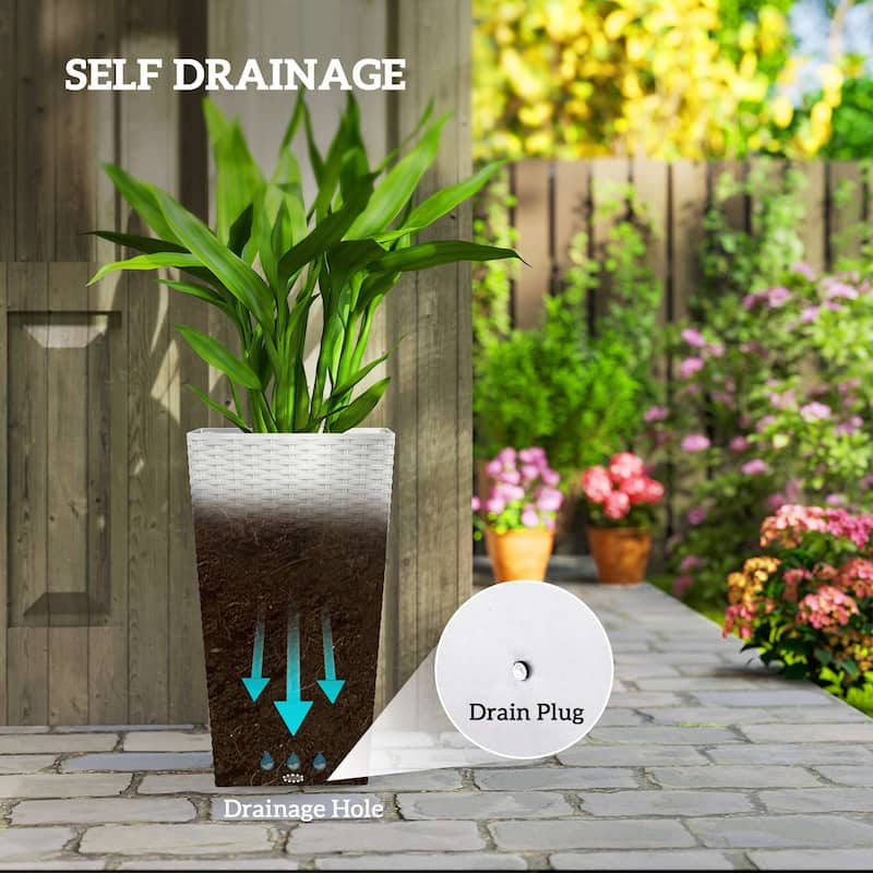 Outsunny Tall Planters for Outdoor Plants Set of 3, 24 In Taper Planters with Drainage Holes, Rattan Decor Plant Pots