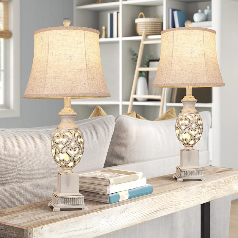 Table Lamps Set of 2.28" Tall Bedside Lamp with Nightlight, Rustic Farmhouse Nightstand Lamps with Linen Shades - White