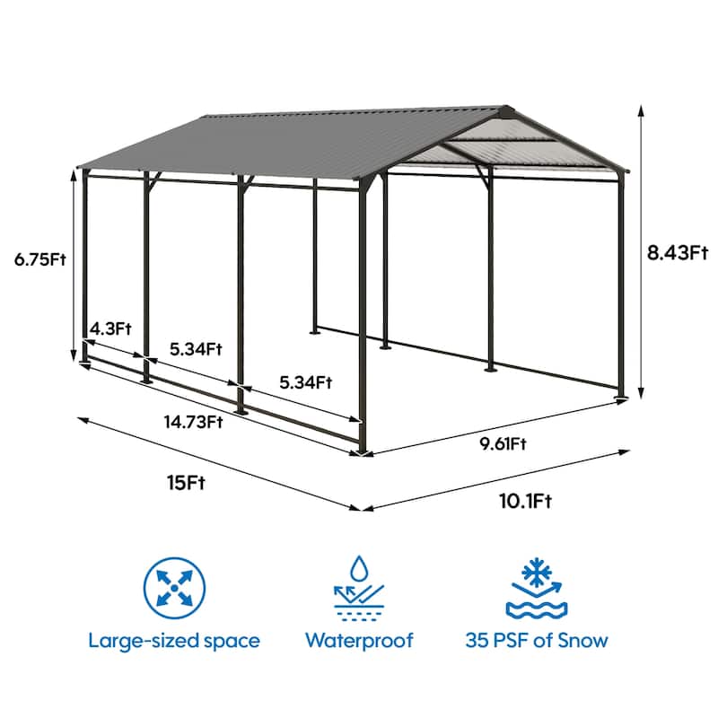 Heavy Duty 10x15 Galvanized Steel Carport Canopy with Corrugated Roof and Weather Protection - 10' × 15' × 8.43'