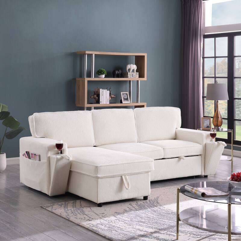 96" Chenille Sleeper Sectional Sofa with Storage Chaise