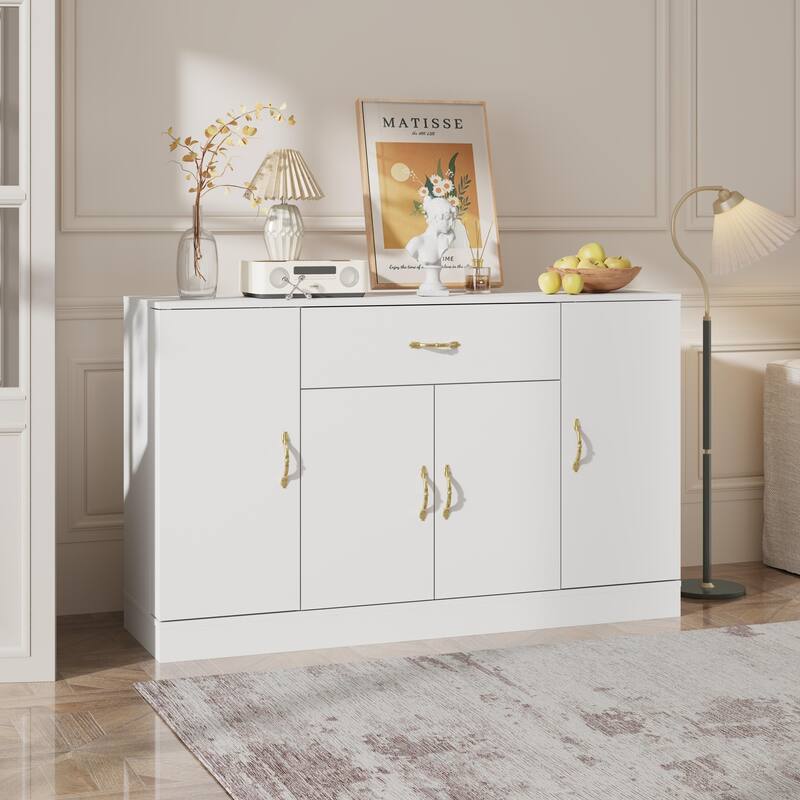 White Buffet Cabinet with Storage, 55" Kitchen Sideboard Buffet with Drawers & 4 Doors, Modern Coffee Bar Cabinet Credenza