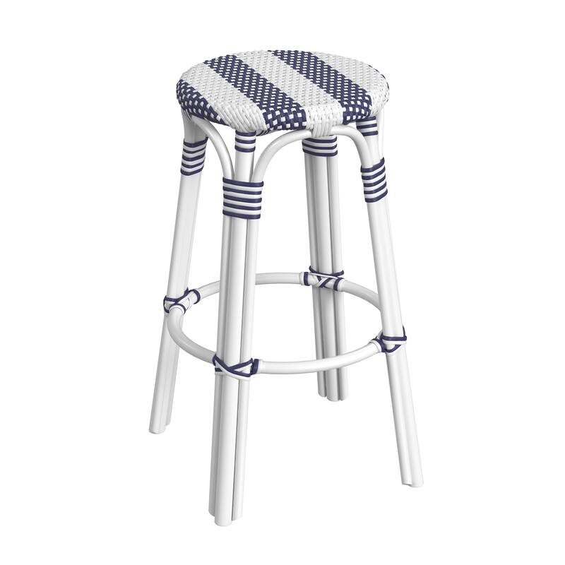 Tobias Rattan Round Bar Stool - White/Navy Stripe/ White Rattan Frame