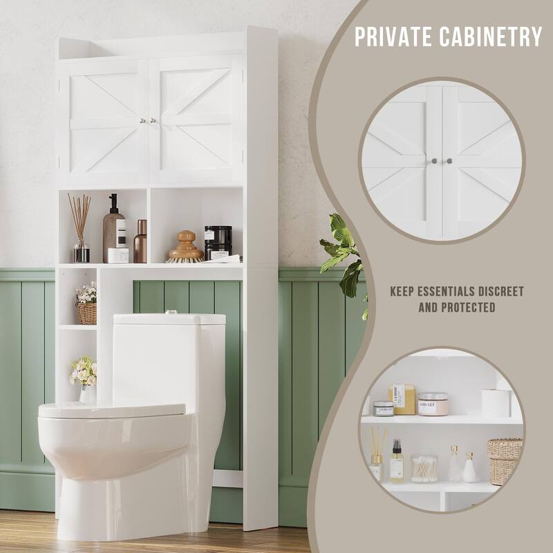 Anmytek Over The Toilet Storage Cabinet with Barn Door, Rustic Farmhouse Bathroom Laundry Organizer with Adjustable Bottom Bar
