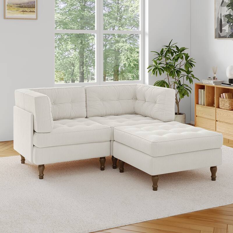 Corduroy Upholstered Modular Corner Sectional Sofa with Reversible Ottoman - Beige