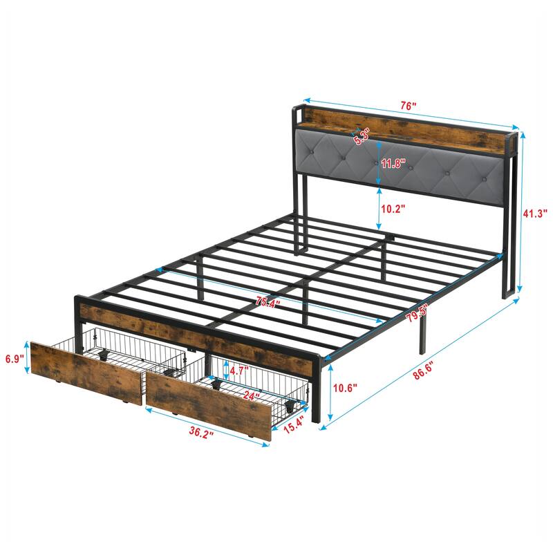 King Size Bed Frame with Storage, Metal Platform Bed Frame w/LED Lights Upholstered Headboard & Drawers and USB Charging Station