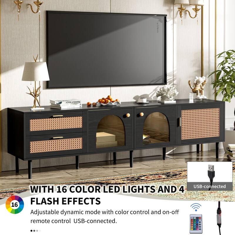 Modern Media Console with Rattan Design, LED Lights & Storage for TVs up to 80" - Living Room & Bedroom TV Stand