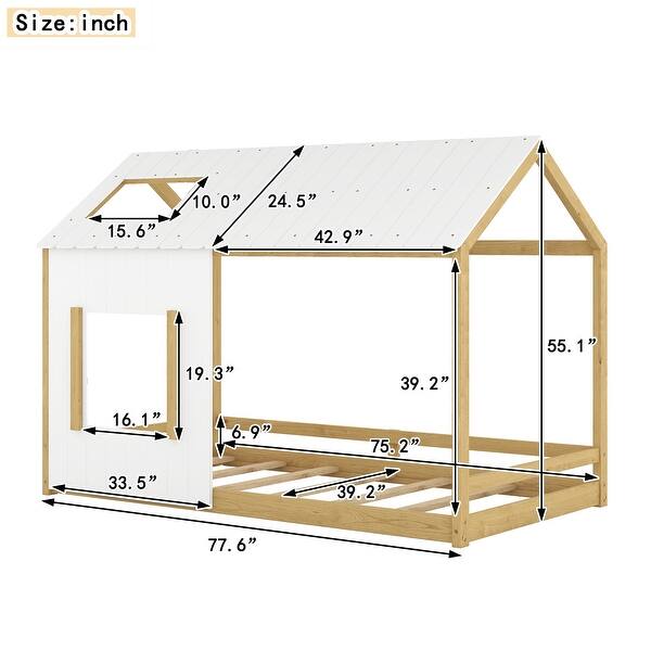 dimension image slide 3 of 4, Twin House Bed with Roof & Window - Whimsical Pine Wood Design for Kids