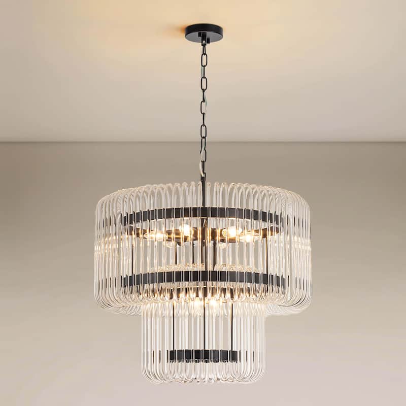 9-Light Modern Glam Drum Crystal Chandelier for Dining Room/Living Room 2-Tiered Round Chandelier Kitchen Island Pendant Light - Black