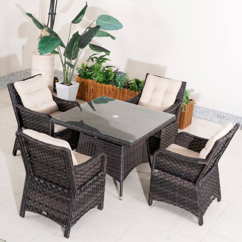 5-piece Outdoor Dining Set - PE Wicker Chairs & Tempered Glass Table