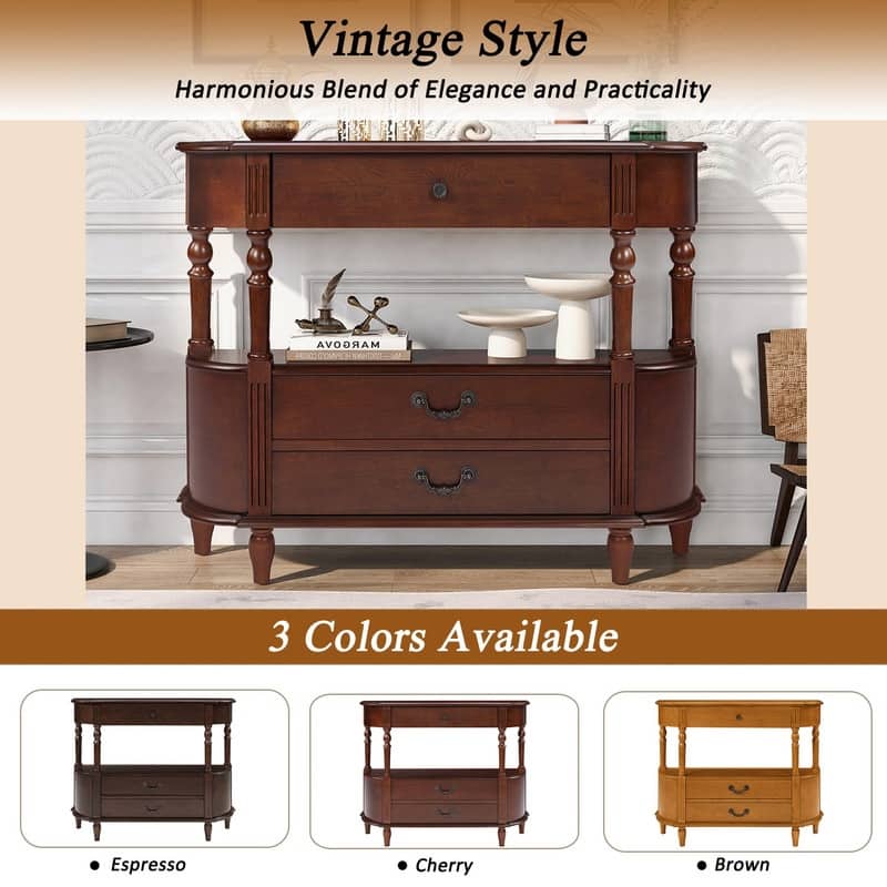 Retro 43" Curved Wood Console Table with 3 Drawers and Open Shelf, Sofa Table Behind Couch for Living Room and Hallway Storage