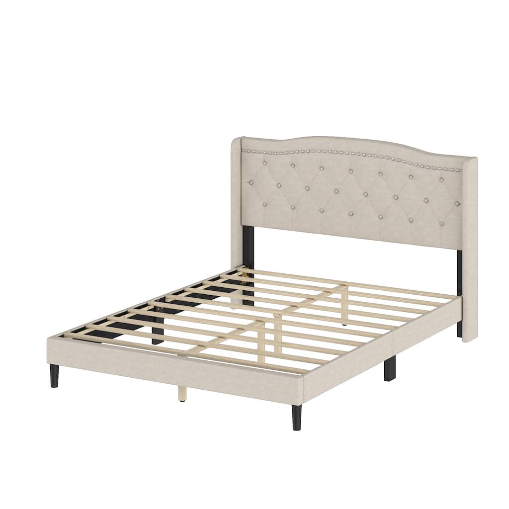 TB117-Certified Beige Queen Upholstered Bed Frame, Anti-Wear, Diamond Tufted Headboard