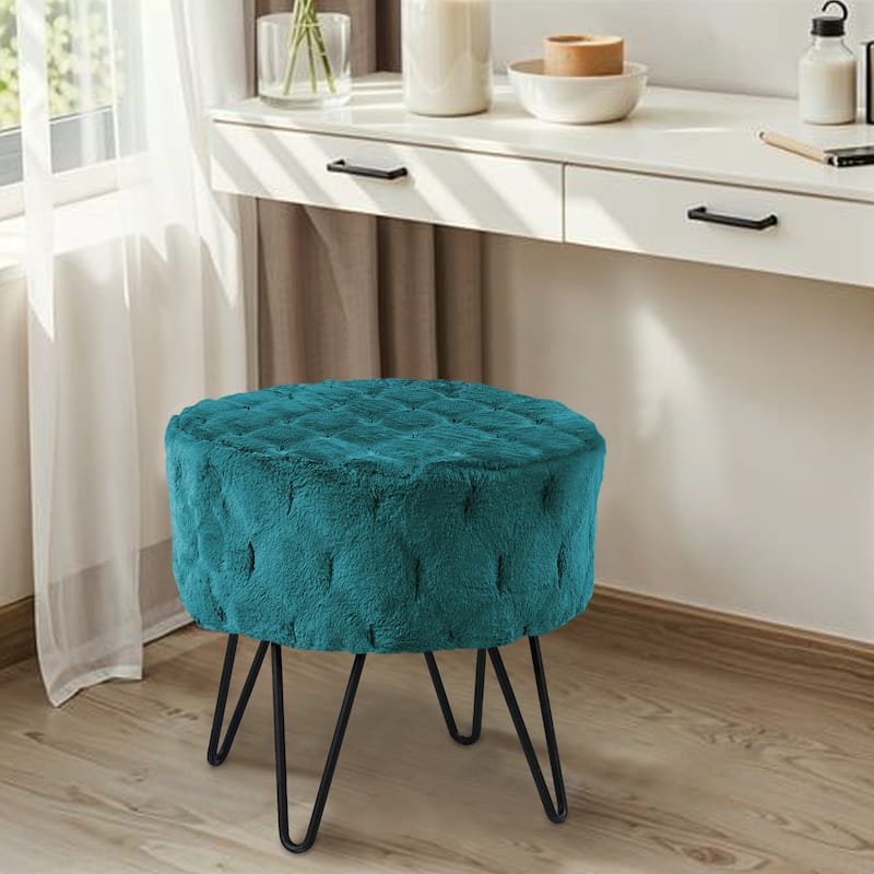 Jacquard Solid Fauxfur Round Ottoman - 18" x 18" x 18" - Dark Teal