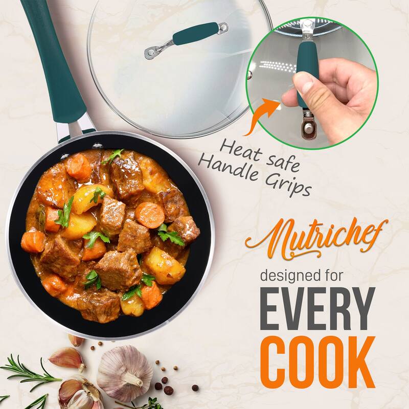 NutriChef 11 Piece Nonstick Elegant Lines Pattern Kitchen Cookware Set, Teal - 15.92