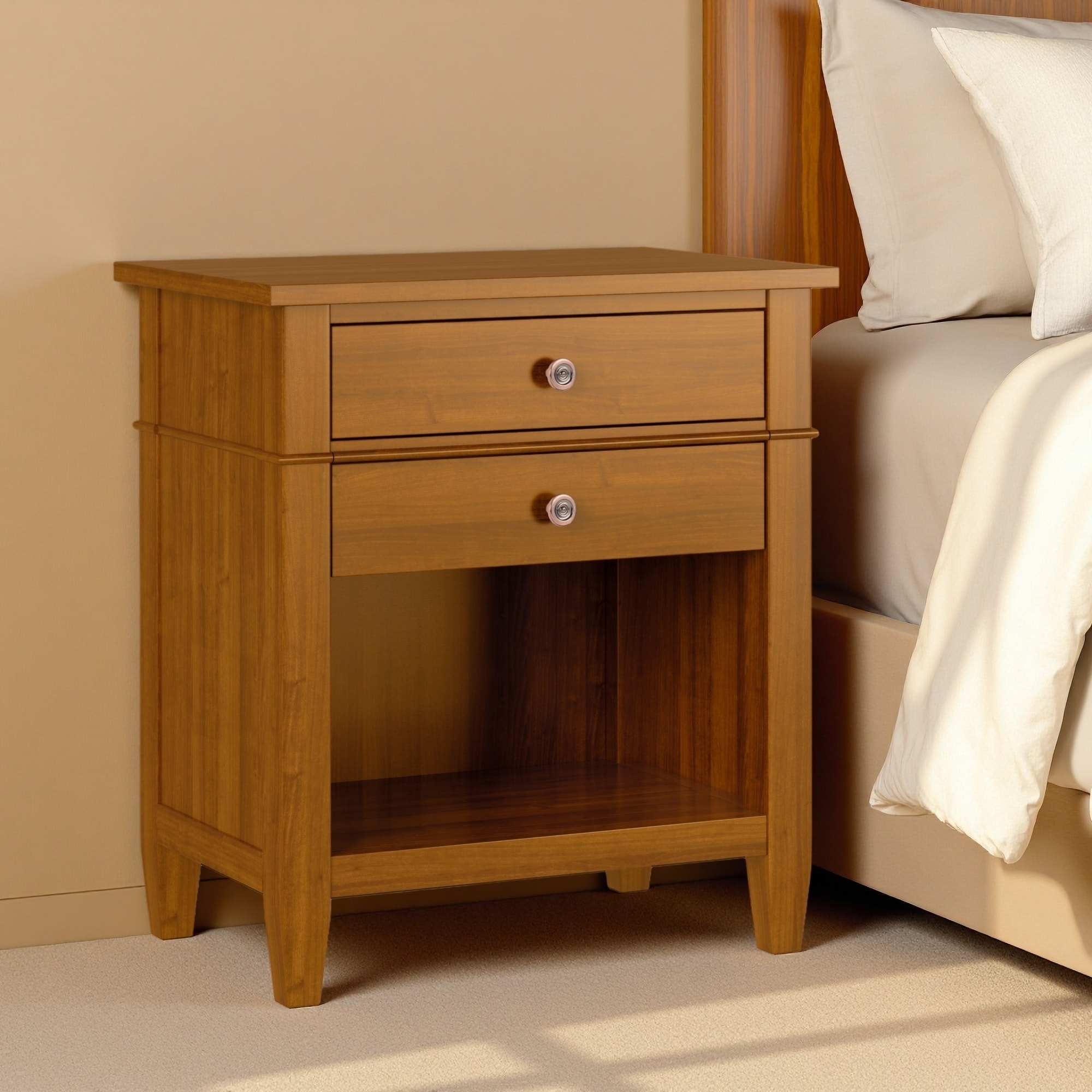 24"L Solid Wood Bedside Table, 2-Drawer Nightstand with Open Bottom Storage, Transitional Design