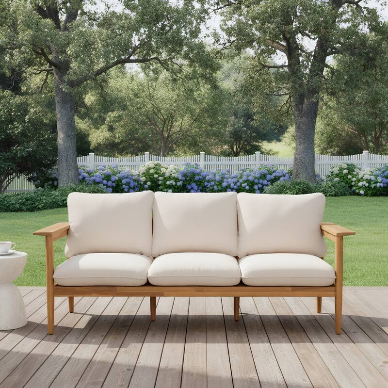 Christopher Knight Home - Terassi Outdoor Acacia Wood 3-Seater Sofa with Wide Armrest & Backrest Support Cushion - 76.25"W - 76.25"W - Beige,Light Teak