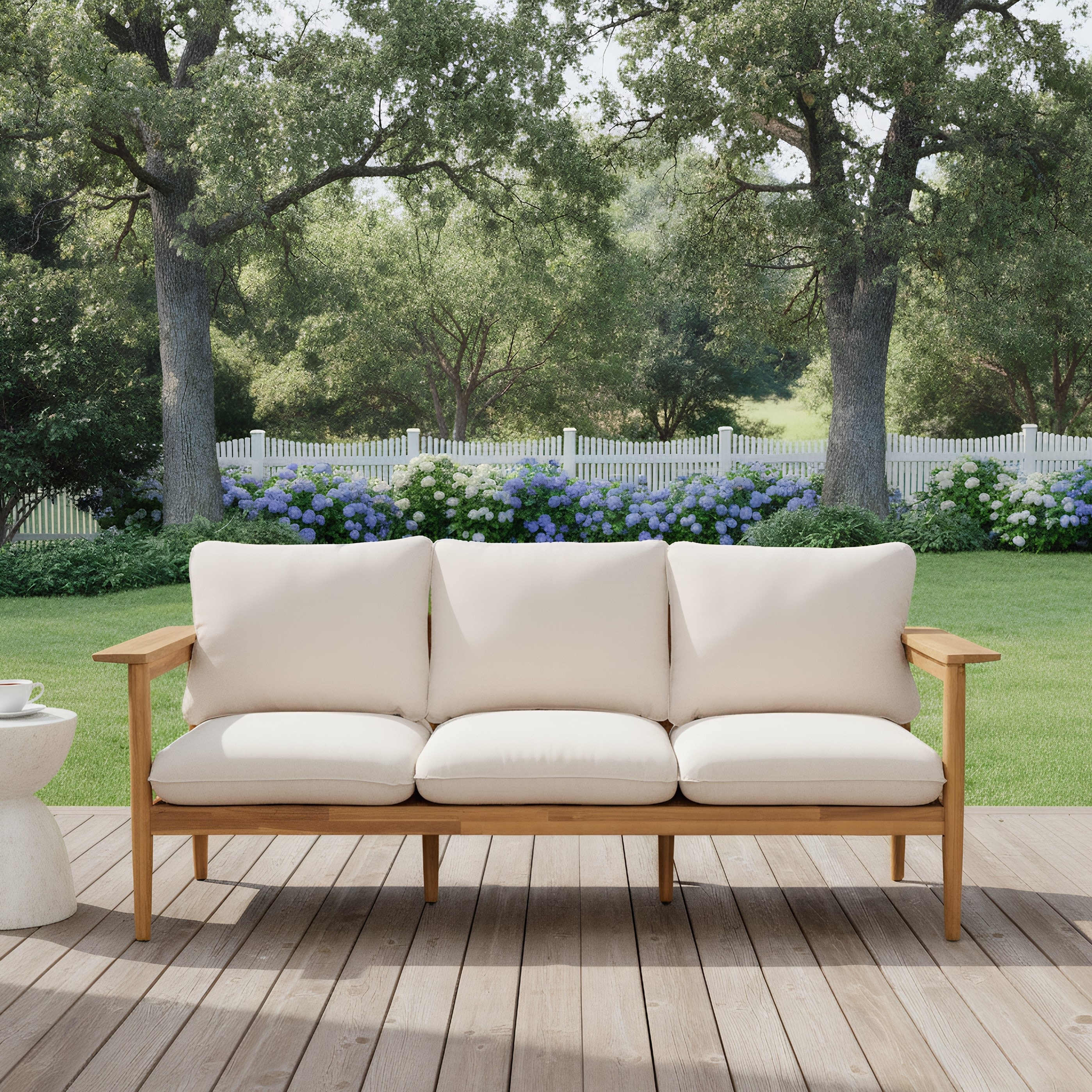 Roomfitters Terassi Outdoor Acacia Wood 3 Seater Sofa with Cushions, Light Teak Finish and Beige