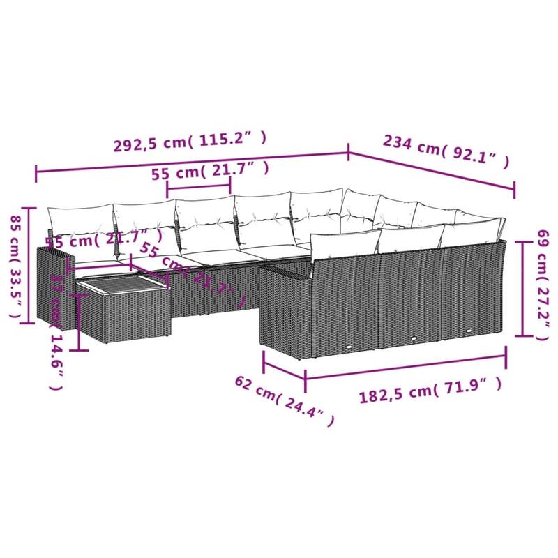 vidaXL 11 Piece Patio Sofa Set with Cushions Grey Poly Rattan - 24.4" x 24.4" x 27.2"