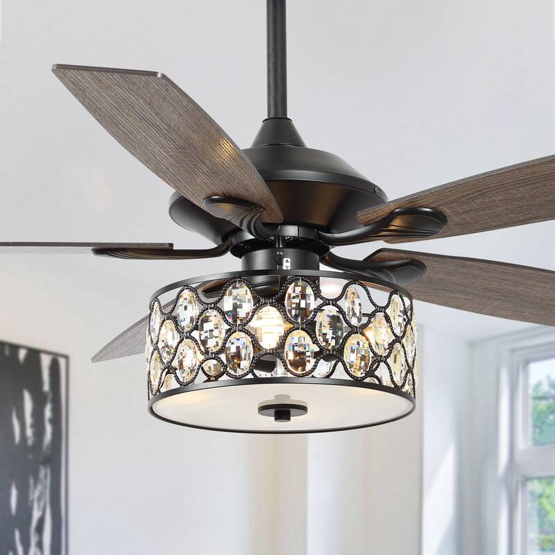 52" Modern 4-Light Chandelier Crystal Ceiling Fan with Remote - Matte Black