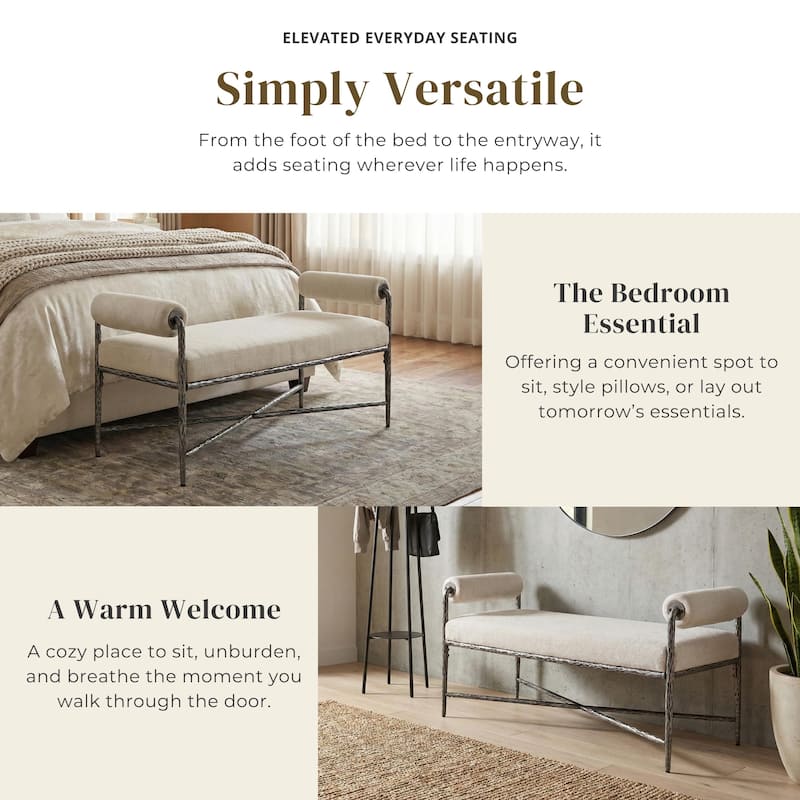 247 Shop At Home Lalia Modern Upholstered 48-inch Hammered Metal Accent Bench with Roll Arms