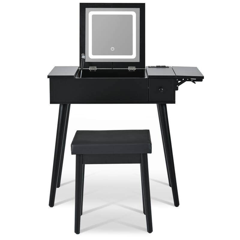 27.9''Makeup Vanity Desk With Flip Top Mirror And Led Light,Dressing Table With Charging Station,2 Drawers,With Cushioned Stool