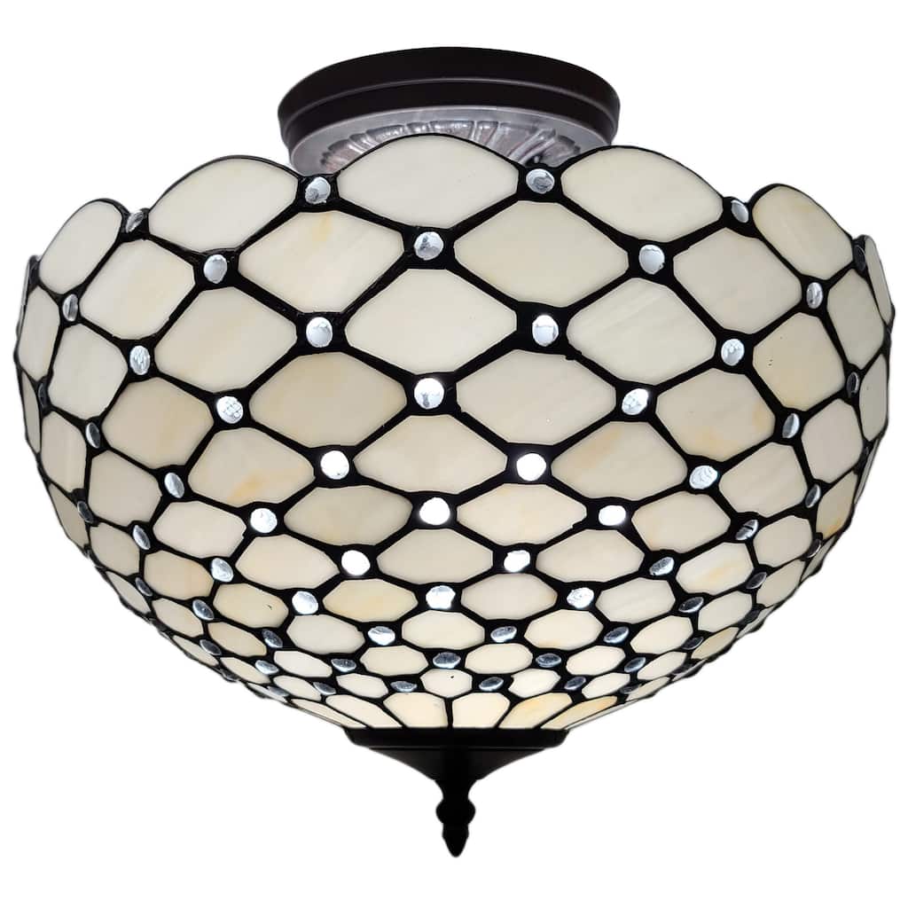 Tiffany Style Ceiling Fixture Lamp Jeweled Semi-Flush 16" Wide Stained Glass White Bedroom Gift AM086CL16B Amora Lighting