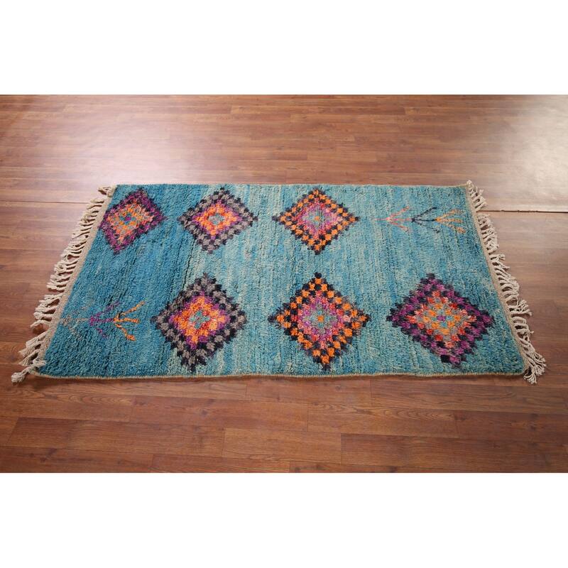 Plush Geometric Blue Moroccan Accent Rug Hand-Knotted Wool Carpet - 3'1" x 5'7"
