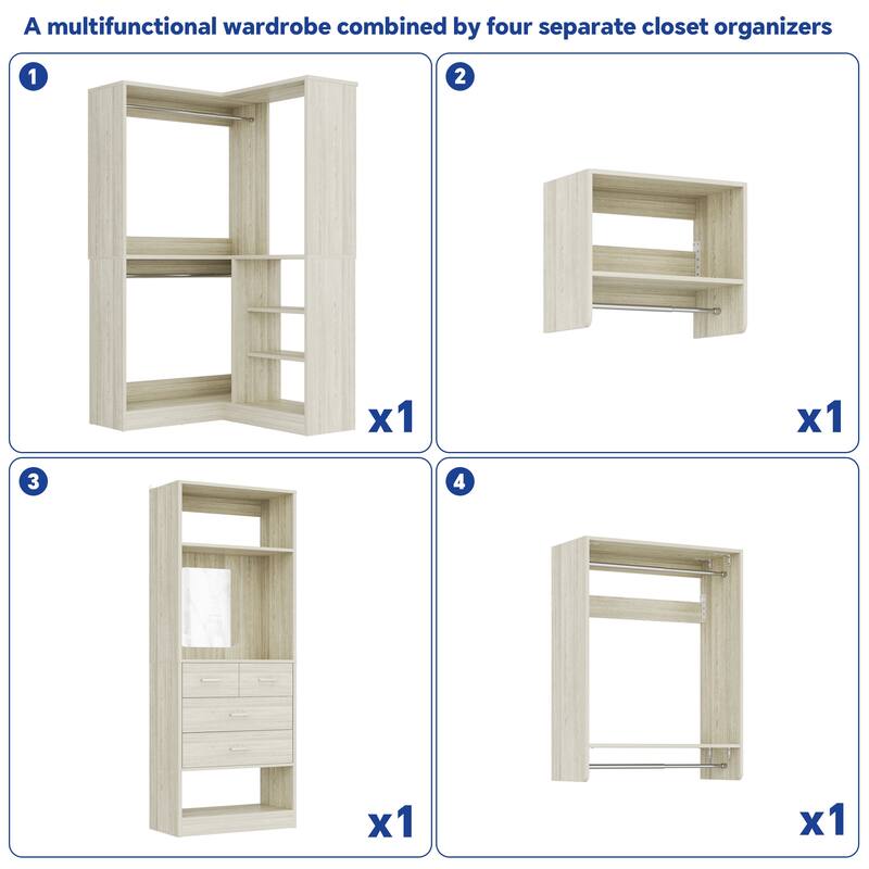 Set of 4/ 5 Modular Closet System with Drawers and Mirror, Corner Closet Organizer with Hanging Rods and Shelves
