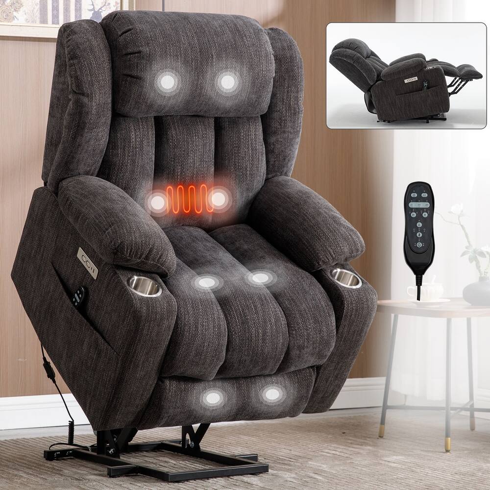 Grey Chenille Power Lift Recliner with Massage, Lumbar Heating, USB & Type-C Ports, and Stainless Steel Cup Holders