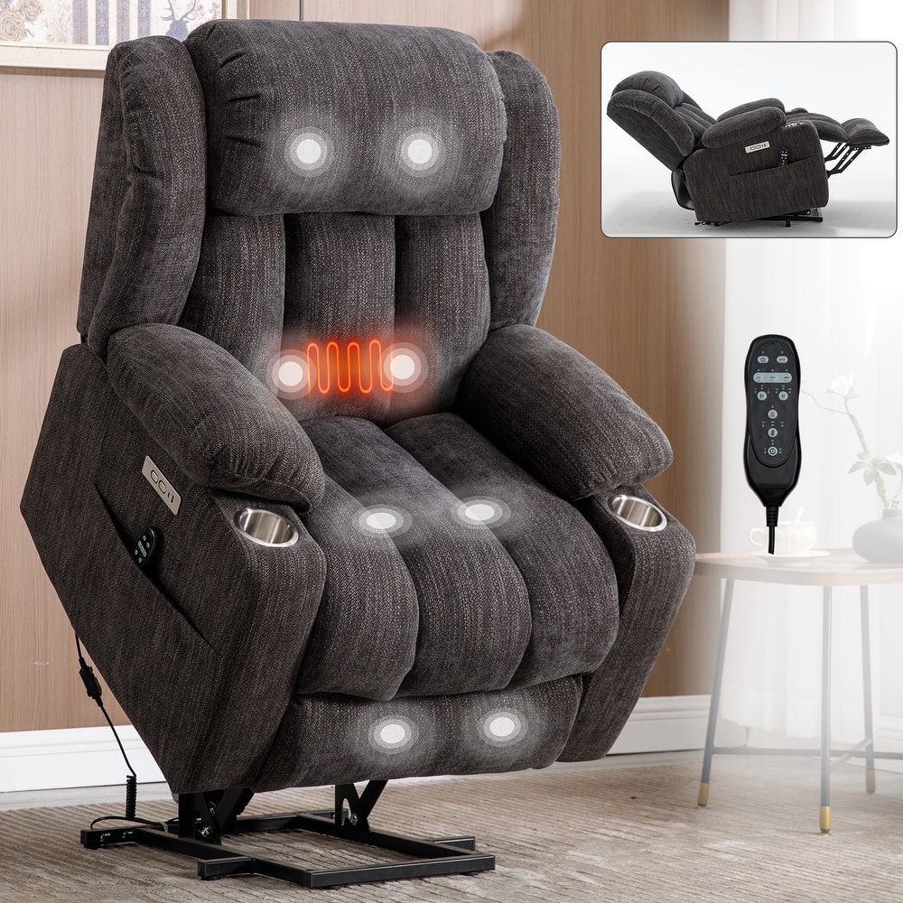 Grey Power Lift Recliner with Massage, Heated Lumbar, USB and Type-C Ports, and Stainless Steel Cup Holders
