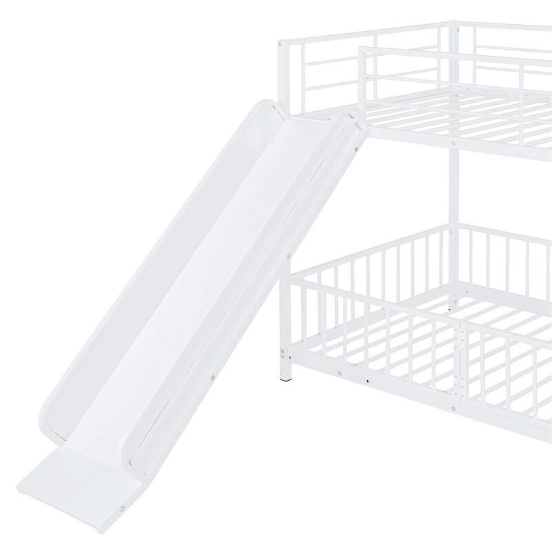 Metal Bunk Bed with Slide and Door, Twin Over Twin/Full Over Full Low Bunk Bedframe with Fence Guardrails and Ladder for 2 Kids