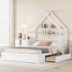 preview thumbnail 2 of 22, Wood Queen Size House Bed, Kids Platform Bed Frame with Guardrail Headboard, Modern Storage Bed with 2 Drawers
