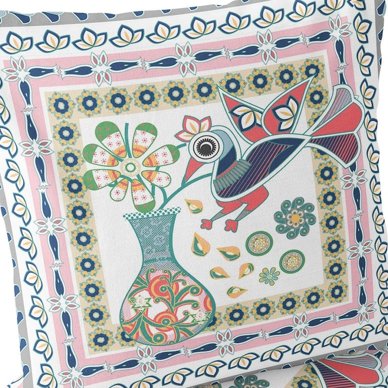 HomeRoots Set of Two 16" X 16" Pink and White Peacock Blown Seam Floral Indoor Outdoor Throw Pillow - 16.00' X '16.00' X '5.00