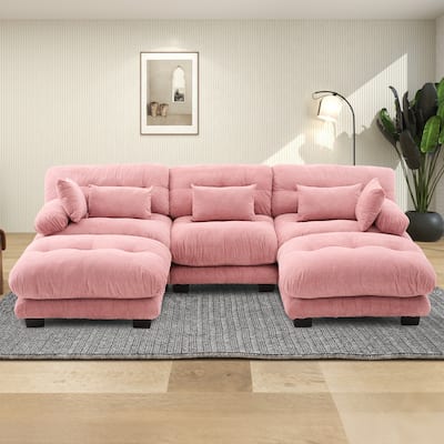 GALDWIN Velvet Upholstered 3-Seater Comfy U-shaped Cloud Tufted Free Combined Sectional Sofa with 2 Ottomans