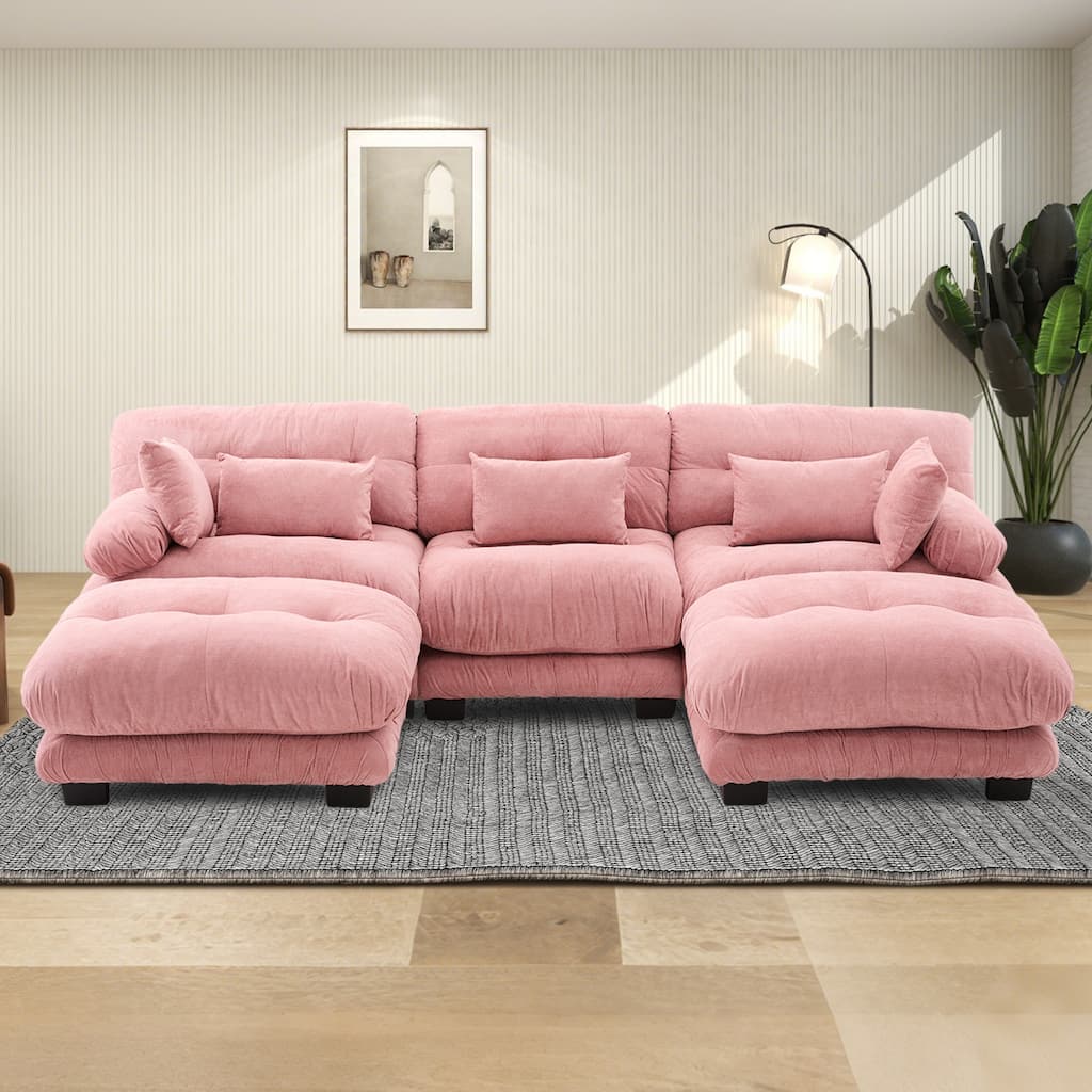 GALDWIN Velvet Upholstered 3-Seater Comfy U-shaped Cloud Tufted Free Combined Sectional Sofa with 2 Ottomans