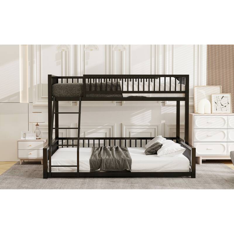 Floor Bunk Bed Heavy Metal Bed Frame with Ladder and Safety Guardrails, Detachable Bunkbeds Design Converts to 2 Platform Beds