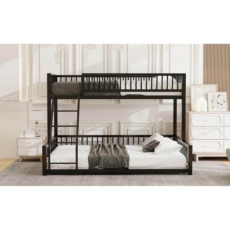Roomfitters Twin/Full XL over Queen Floor Bunk Bed Frame with Ladder and Safety Guardrails Easy Assembly, Black